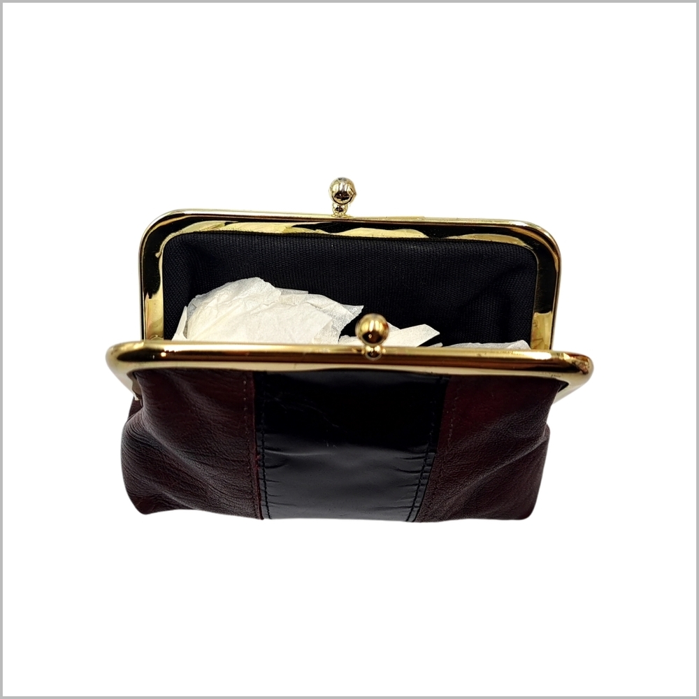 Buxton ~ Genuine Leather Black and Plum Kiss-Lip Closure Coin Bag. 4" x 3.5" - Picture 4 of 4